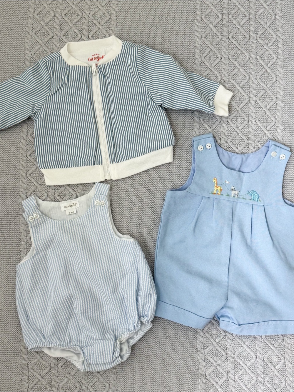 Mud Pie Starting Out Baby Blue Seersucker Romper Embroidered Jon Jon Set 0-3 M